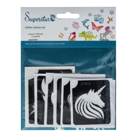 Superstar Glitter Tattoo Set UNICORN | 12 Adorable Stencils